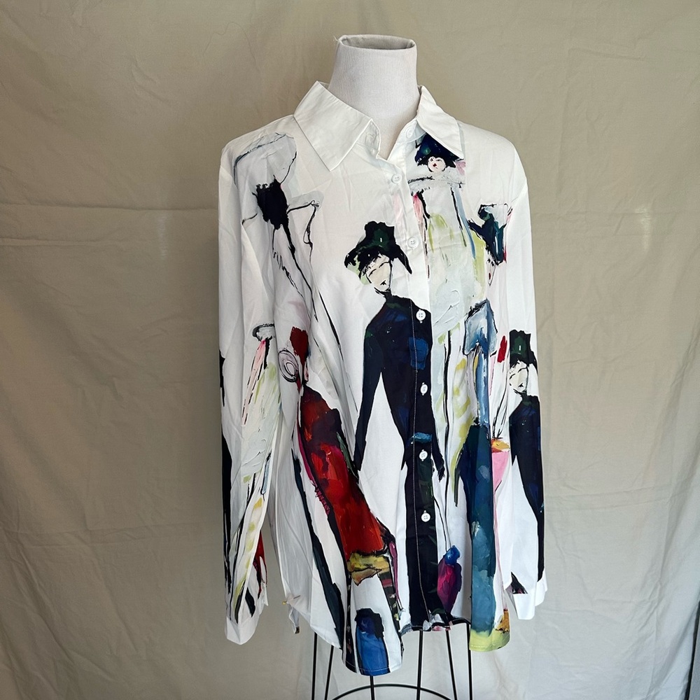 NWOT Artistic Print Button-Up Shirt long sleeve blouse XL Shein multicolor white - Picture 2 of 16